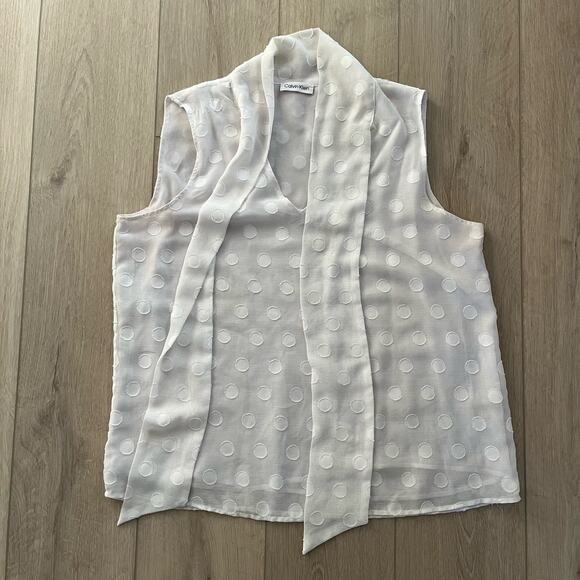 Calvin Klein White Sheer Polka Dot Top Sz Large - Picture 1 of 7